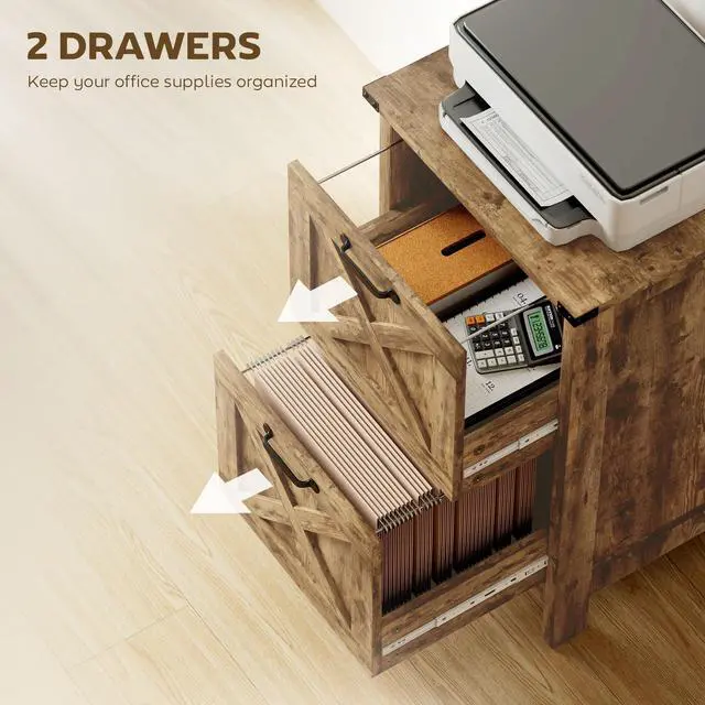 Alt view image 5 of 7 - 2 Drawer Vertical File Cabinet, Silent Slides, Rustic Brown | Rustic Farmhouse, Filing Cabinet, Barn Doors, for A4/Letter Size, Printer Stand with Storage, for Home Office