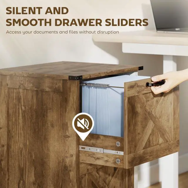 Alt view image 7 of 7 - 2 Drawer Vertical File Cabinet, Silent Slides, Rustic Brown | Rustic Farmhouse, Filing Cabinet, Barn Doors, for A4/Letter Size, Printer Stand with Storage, for Home Office