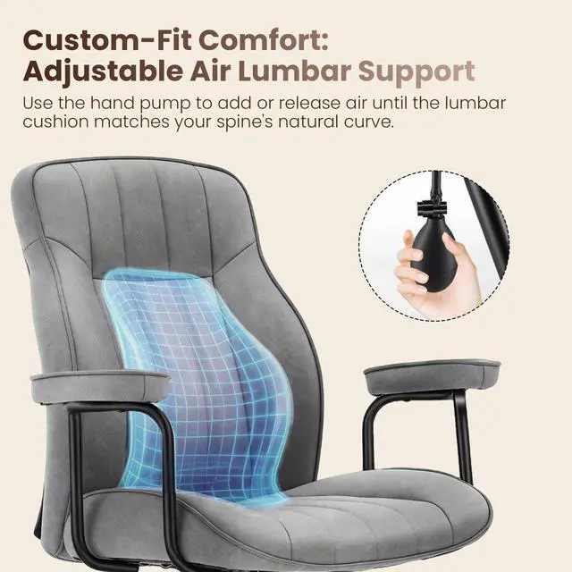 Alt view image 2 of 7 - Mid Century Modern Office Chair with Inflatable Lumbar Support | Ergonomic, PU Leather, with Arms, Height Adjustable, 360° Swivel Executive Computer Chair for Home Office, Grey