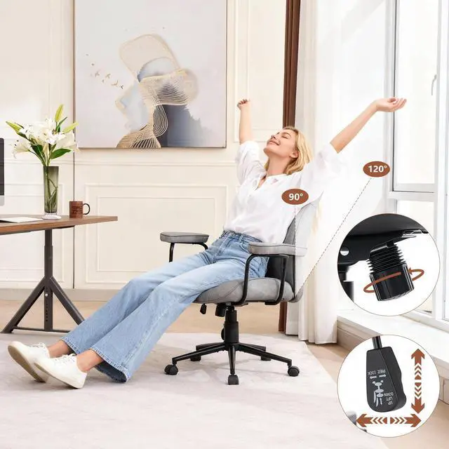 Alt view image 3 of 7 - Mid Century Modern Office Chair with Inflatable Lumbar Support | Ergonomic, PU Leather, with Arms, Height Adjustable, 360° Swivel Executive Computer Chair for Home Office, Grey