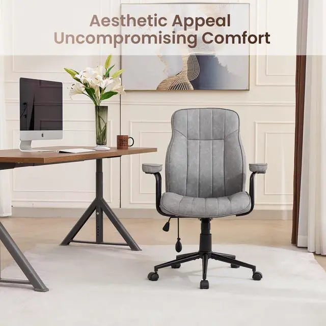 Alt view image 4 of 7 - Mid Century Modern Office Chair with Inflatable Lumbar Support | Ergonomic, PU Leather, with Arms, Height Adjustable, 360° Swivel Executive Computer Chair for Home Office, Grey