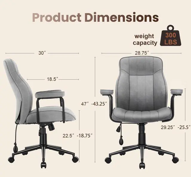 Alt view image 7 of 7 - Mid Century Modern Office Chair with Inflatable Lumbar Support | Ergonomic, PU Leather, with Arms, Height Adjustable, 360° Swivel Executive Computer Chair for Home Office, Grey