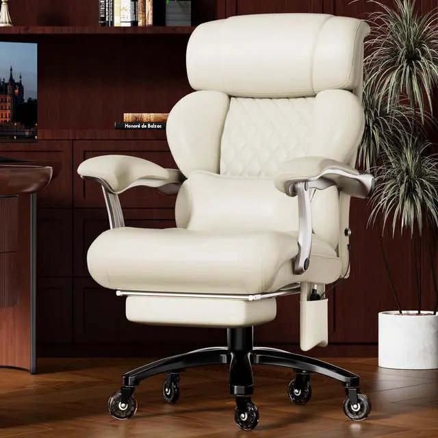Main image of Executive Big and Tall Office Chair with 7.83Hz Schumann Resonance Sleep Aid & Heating Stress Relief Heavy Duty Metal Base Desk Chair, Silent Rubber Wheels, Thick and Wide Cushion, Cream White