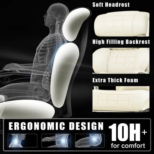 Alt view image 4 of 7 - Executive Big and Tall Office Chair with 7.83Hz Schumann Resonance Sleep Aid & Heating Stress Relief Heavy Duty Metal Base Desk Chair, Silent Rubber Wheels, Thick and Wide Cushion, Cream White