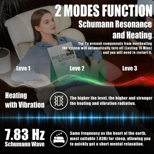Alt view image 6 of 7 - Executive Big and Tall Office Chair with 7.83Hz Schumann Resonance Sleep Aid & Heating Stress Relief Heavy Duty Metal Base Desk Chair, Silent Rubber Wheels, Thick and Wide Cushion, Cream White