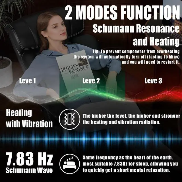 Alt view image 3 of 7 - Executive Big and Tall Office Chair with 7.83Hz Schumann Resonance Sleep Aid & Heating Stress Relief Heavy Duty Metal Base Desk Chair, Silent Rubber Wheels, Thick and wide Cushion, (Full Black)