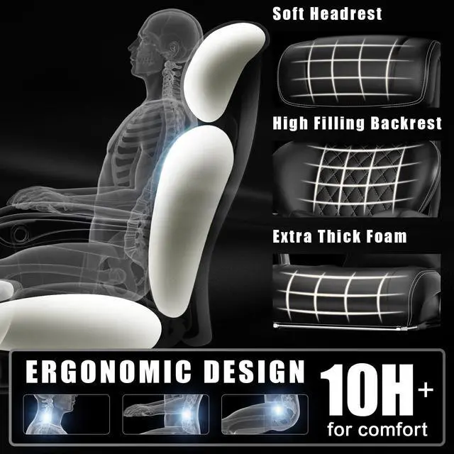 Alt view image 6 of 7 - Executive Big and Tall Office Chair with 7.83Hz Schumann Resonance Sleep Aid & Heating Stress Relief Heavy Duty Metal Base Desk Chair, Silent Rubber Wheels, Thick and wide Cushion, (Full Black)