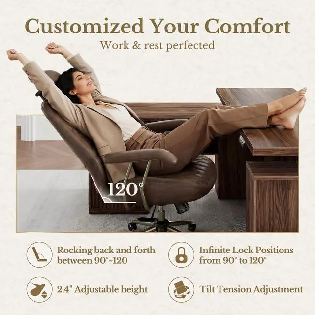 Alt view image 2 of 7 - High Back Office Chair with Lumbar Support - Ergonomic Executive Desk Chair, Adjustable Swivel Computer Chair in Premium Faux Leather for Home Office Comfort, Brown
