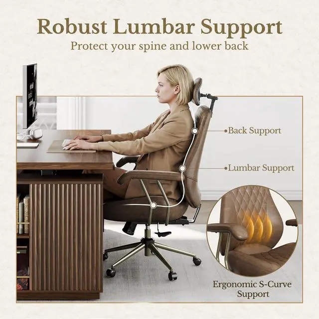 Alt view image 3 of 7 - High Back Office Chair with Lumbar Support - Ergonomic Executive Desk Chair, Adjustable Swivel Computer Chair in Premium Faux Leather for Home Office Comfort, Brown