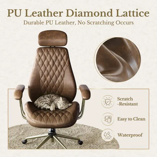 Alt view image 5 of 7 - High Back Office Chair with Lumbar Support - Ergonomic Executive Desk Chair, Adjustable Swivel Computer Chair in Premium Faux Leather for Home Office Comfort, Brown