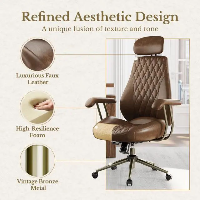 Alt view image 6 of 7 - High Back Office Chair with Lumbar Support - Ergonomic Executive Desk Chair, Adjustable Swivel Computer Chair in Premium Faux Leather for Home Office Comfort, Brown