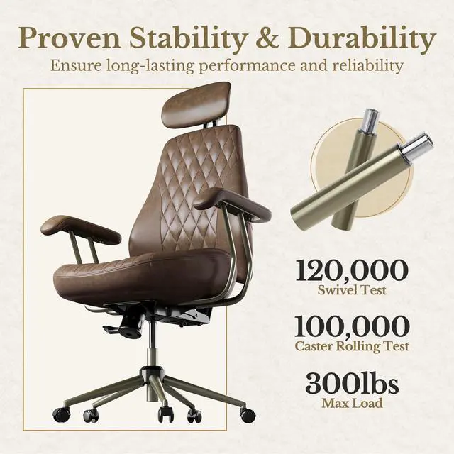 Alt view image 7 of 7 - High Back Office Chair with Lumbar Support - Ergonomic Executive Desk Chair, Adjustable Swivel Computer Chair in Premium Faux Leather for Home Office Comfort, Brown