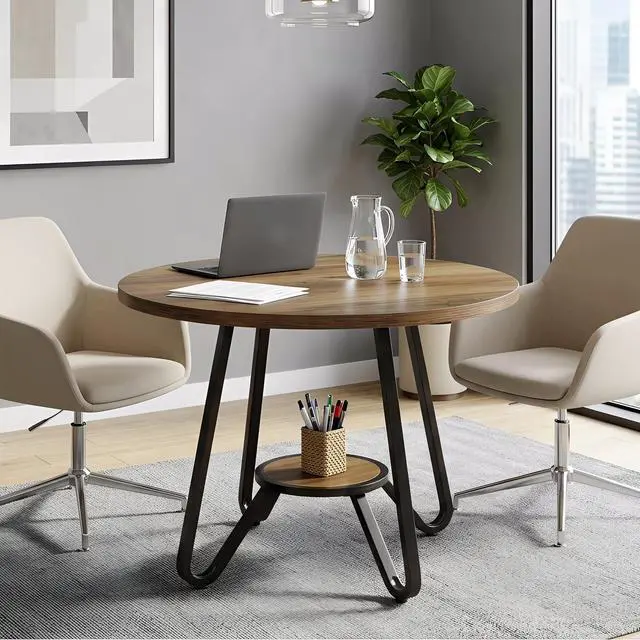 Main image of 31.5" Small Round Conference Table with Bottom Shelf Seats 2-4 | Industrial Office Table with MDF Top & Metal Frame; Compact Seminar Table for Business, Small Space; Non-slip Foot Pads