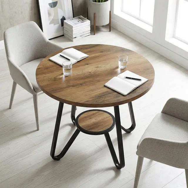 Alt view image 4 of 7 - 31.5" Small Round Conference Table with Bottom Shelf Seats 2-4 | Industrial Office Table with MDF Top & Metal Frame; Compact Seminar Table for Business, Small Space; Non-slip Foot Pads
