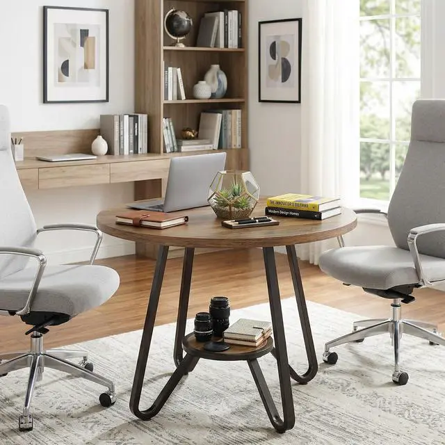 Alt view image 3 of 7 - 31.5" Small Round Conference Table with Bottom Shelf Seats 2-4 | Industrial Office Table with MDF Top & Metal Frame; Compact Seminar Table for Business, Small Space; Non-slip Foot Pads