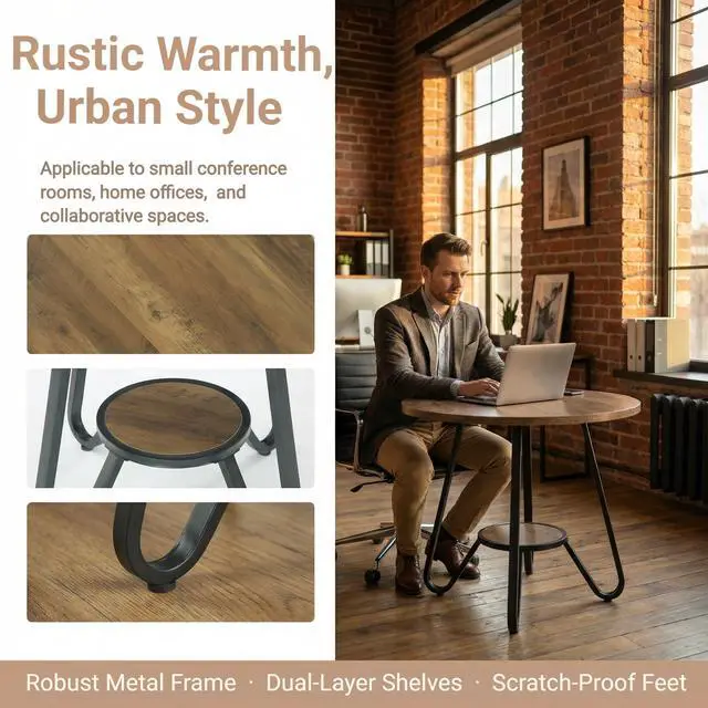 Alt view image 5 of 7 - 31.5" Small Round Conference Table with Bottom Shelf Seats 2-4 | Industrial Office Table with MDF Top & Metal Frame; Compact Seminar Table for Business, Small Space; Non-slip Foot Pads