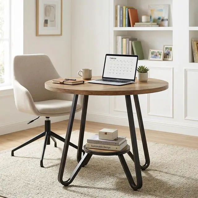 Alt view image 6 of 7 - 31.5" Small Round Conference Table with Bottom Shelf Seats 2-4 | Industrial Office Table with MDF Top & Metal Frame; Compact Seminar Table for Business, Small Space; Non-slip Foot Pads