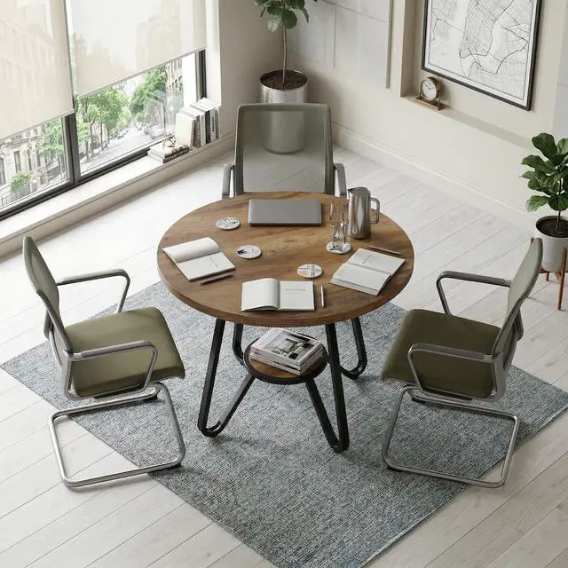 Alt view image 7 of 7 - 31.5" Small Round Conference Table with Bottom Shelf Seats 2-4 | Industrial Office Table with MDF Top & Metal Frame; Compact Seminar Table for Business, Small Space; Non-slip Foot Pads