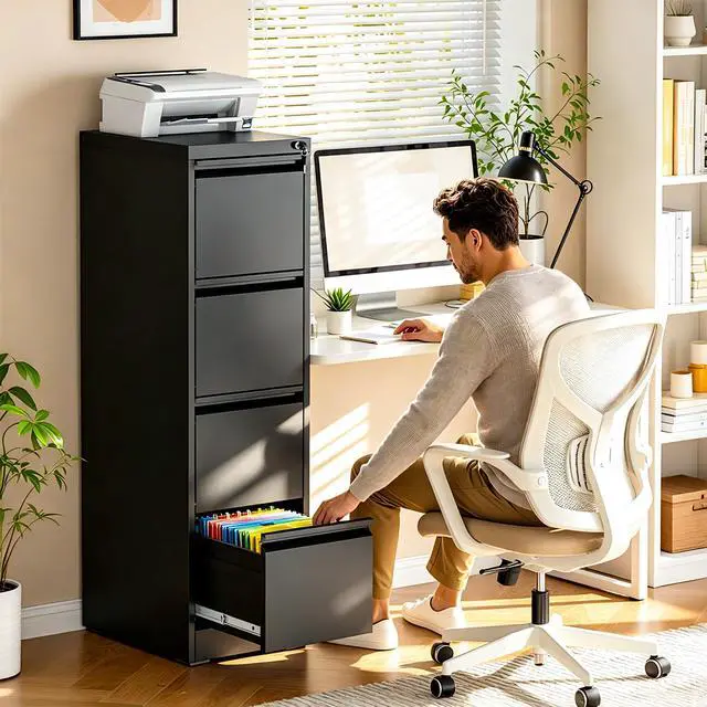 Alt view image 2 of 7 - 4 Drawer File Cabinet with Lock, Vertical Filing Cabinets for Home Office, Locking File Cabinet Hanging Files for A4/ Legal/Letter, Require Assembly, Black