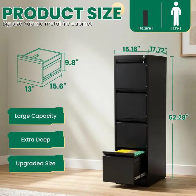 Alt view image 3 of 7 - 4 Drawer File Cabinet with Lock, Vertical Filing Cabinets for Home Office, Locking File Cabinet Hanging Files for A4/ Legal/Letter, Require Assembly, Black