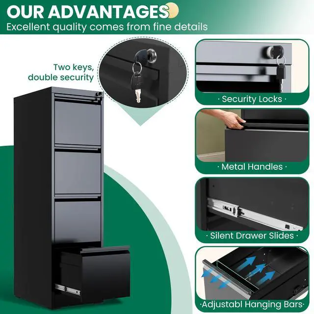 Alt view image 5 of 7 - 4 Drawer File Cabinet with Lock, Vertical Filing Cabinets for Home Office, Locking File Cabinet Hanging Files for A4/ Legal/Letter, Require Assembly, Black