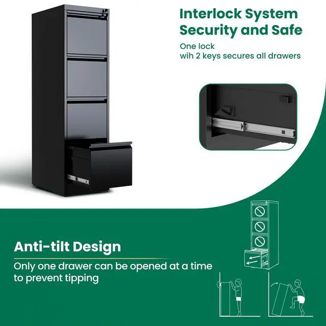 Alt view image 6 of 7 - 4 Drawer File Cabinet with Lock, Vertical Filing Cabinets for Home Office, Locking File Cabinet Hanging Files for A4/ Legal/Letter, Require Assembly, Black