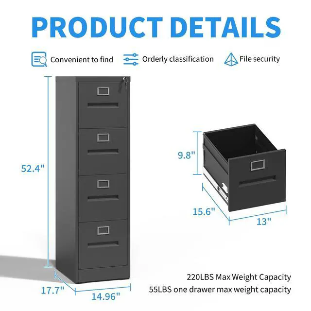 Alt view image 2 of 7 - 4 Drawer File Cabinet with Lock, Metal Vertical Filing Cabinet for Home Office, Office Furniture for Organization Hanging Files for A4/ Legal/Letter, Heavy Duty Storage Cabinet,Require Assembly-Black