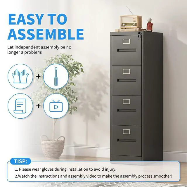 Alt view image 3 of 7 - 4 Drawer File Cabinet with Lock, Metal Vertical Filing Cabinet for Home Office, Office Furniture for Organization Hanging Files for A4/ Legal/Letter, Heavy Duty Storage Cabinet,Require Assembly-Black