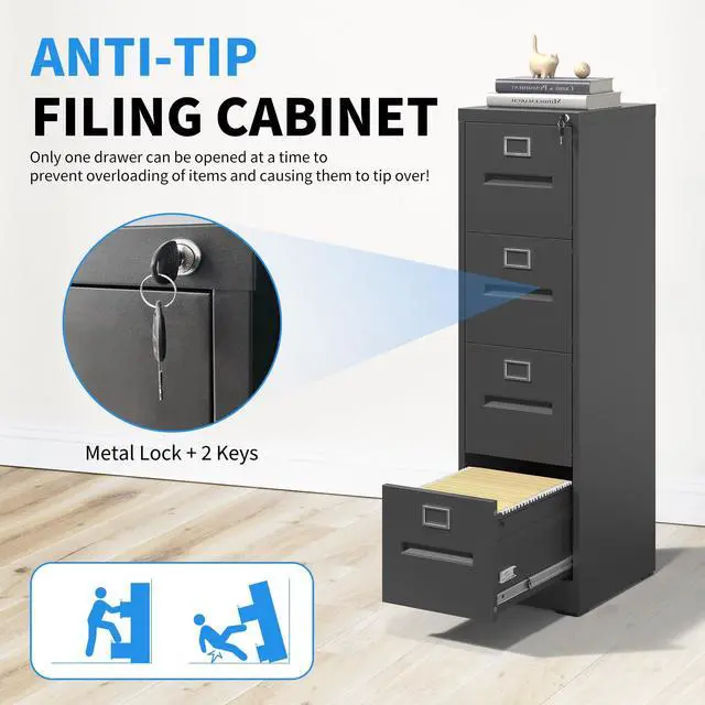 Alt view image 4 of 7 - 4 Drawer File Cabinet with Lock, Metal Vertical Filing Cabinet for Home Office, Office Furniture for Organization Hanging Files for A4/ Legal/Letter, Heavy Duty Storage Cabinet,Require Assembly-Black