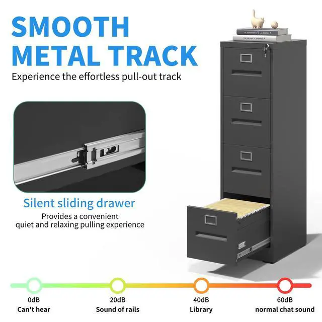 Alt view image 5 of 7 - 4 Drawer File Cabinet with Lock, Metal Vertical Filing Cabinet for Home Office, Office Furniture for Organization Hanging Files for A4/ Legal/Letter, Heavy Duty Storage Cabinet,Require Assembly-Black