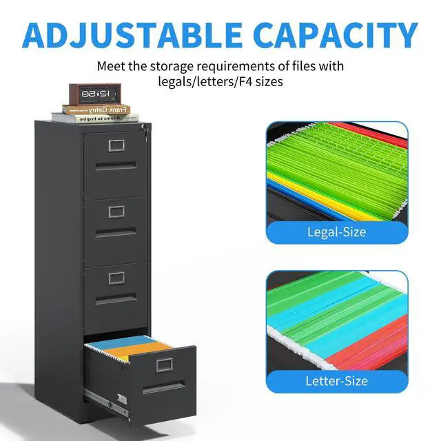 Alt view image 6 of 7 - 4 Drawer File Cabinet with Lock, Metal Vertical Filing Cabinet for Home Office, Office Furniture for Organization Hanging Files for A4/ Legal/Letter, Heavy Duty Storage Cabinet,Require Assembly-Black