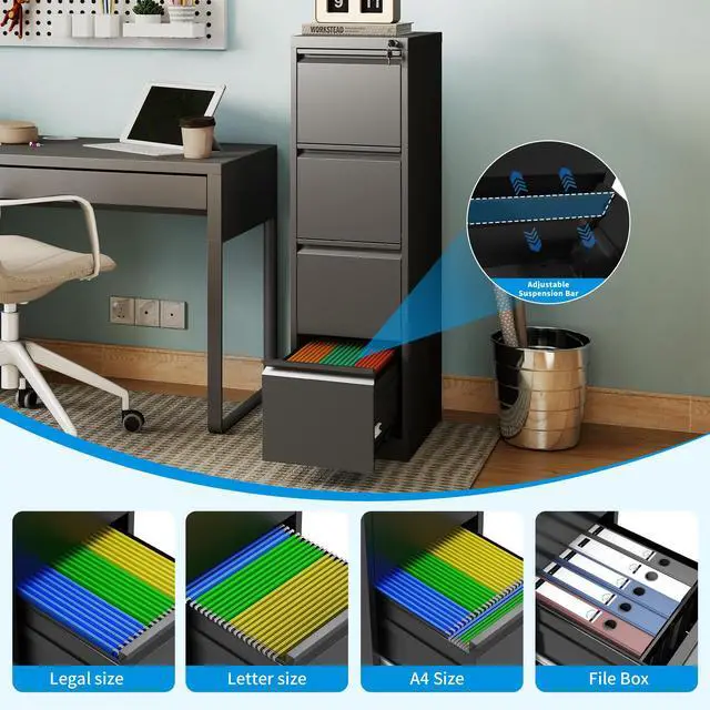 Alt view image 6 of 7 - 4 Drawer File Cabinet with Lock, Metal Filing Cabinets for Home Office | Vertical File Cabinet Heavy Duty Steel Office Storage Cabinet for Letter Legal A4 Size Files, Easy Assembly