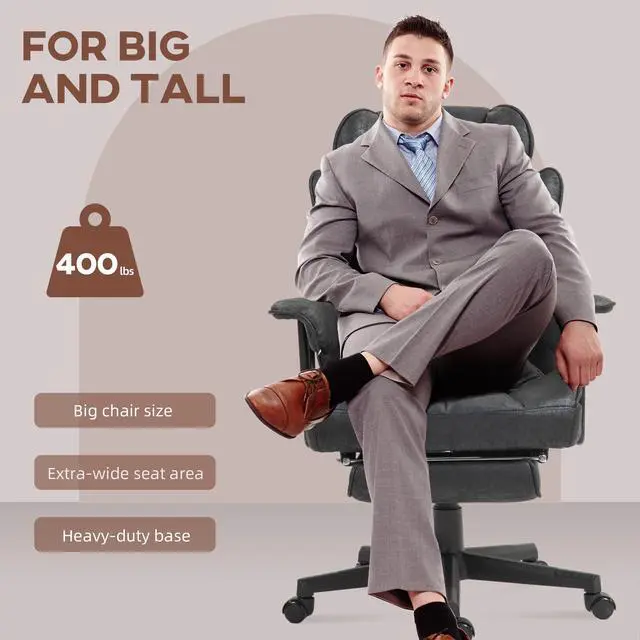 Alt view image 4 of 7 - Executive Office Chair 400LBS Big and Tall High Back, Black | Foot Rest, Microfiber Computer Desk Chair, Lumbar Support, Reclining Function, Wide Seat