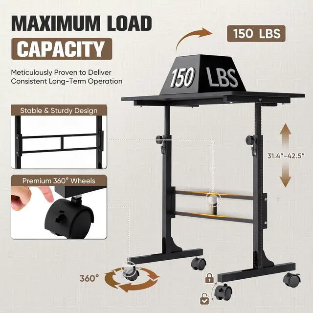 Alt view image 4 of 7 - 31.4" Small Portable Standing Desk Height Adjustable with Lockable Wheels, Mobile Stand Laptop Computer Workstation for Walking Pad Treadmil (Black)