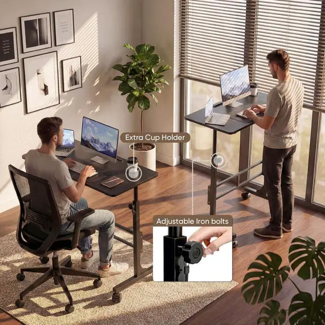 Alt view image 5 of 7 - 31.4" Small Portable Standing Desk Height Adjustable with Lockable Wheels, Mobile Stand Laptop Computer Workstation for Walking Pad Treadmil (Black)