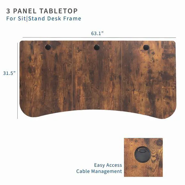 Alt view image 3 of 7 - Rustic Vintage Brown 63 x 32 inch Table Top, DESK-TOP1N | 3 Section Desktop, For Height Adjustable Sit Stand Desk Frame, Home Office, Universal