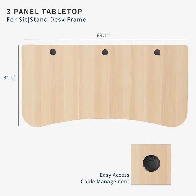 Alt view image 3 of 7 - Light Wood 63 x 32 inch Table Top, DESK-TOP1C | 3 Section Desktop, For Height Adjustable Sit Stand Desk Frame, Home Office, Universal