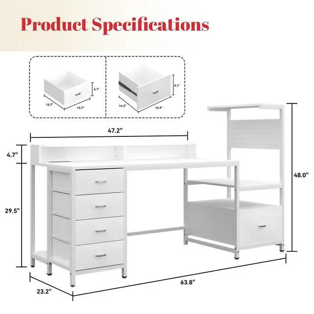 Alt view image 2 of 7 - Computer Desk with Drawers, Home Office Desk with Storage Shelves, Charging Station, Corner Gaming Desk with Pegboard for Workspace, White