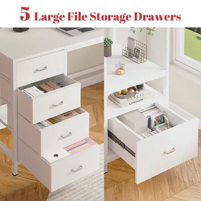 Alt view image 3 of 7 - Computer Desk with Drawers, Home Office Desk with Storage Shelves, Charging Station, Corner Gaming Desk with Pegboard for Workspace, White