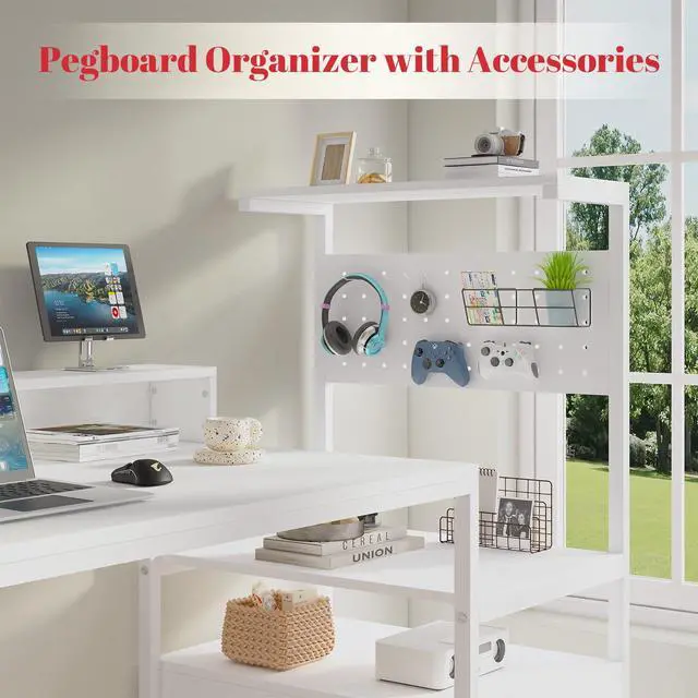Alt view image 4 of 7 - Computer Desk with Drawers, Home Office Desk with Storage Shelves, Charging Station, Corner Gaming Desk with Pegboard for Workspace, White