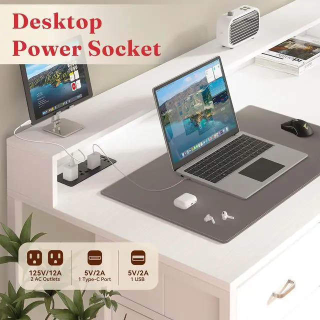 Alt view image 5 of 7 - Computer Desk with Drawers, Home Office Desk with Storage Shelves, Charging Station, Corner Gaming Desk with Pegboard for Workspace, White