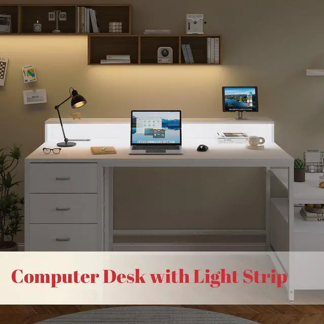 Alt view image 7 of 7 - Computer Desk with Drawers, Home Office Desk with Storage Shelves, Charging Station, Corner Gaming Desk with Pegboard for Workspace, White