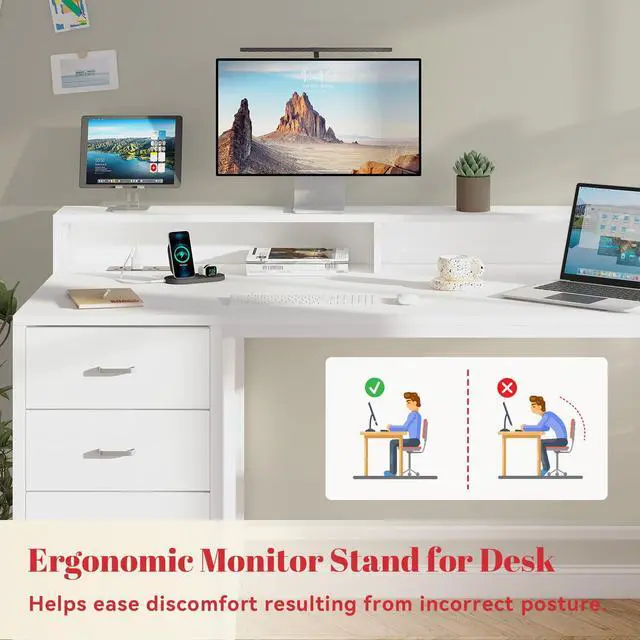 Alt view image 6 of 7 - Computer Desk with Drawers, Home Office Desk with Storage Shelves, Charging Station, Corner Gaming Desk with Pegboard for Workspace, White