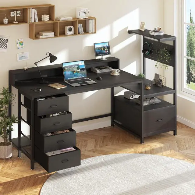 Main image of Gaming Desk with Storage Drawers, Computer Desk with Shelves & Charging Station, Corner Writing Table with Pegboard for Small Space, Home Office Desk, Black