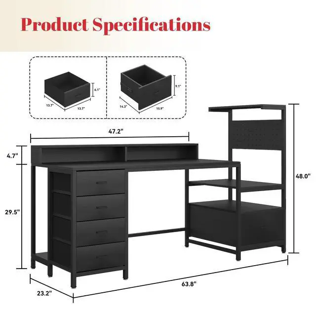 Alt view image 2 of 7 - Gaming Desk with Storage Drawers, Computer Desk with Shelves & Charging Station, Corner Writing Table with Pegboard for Small Space, Home Office Desk, Black