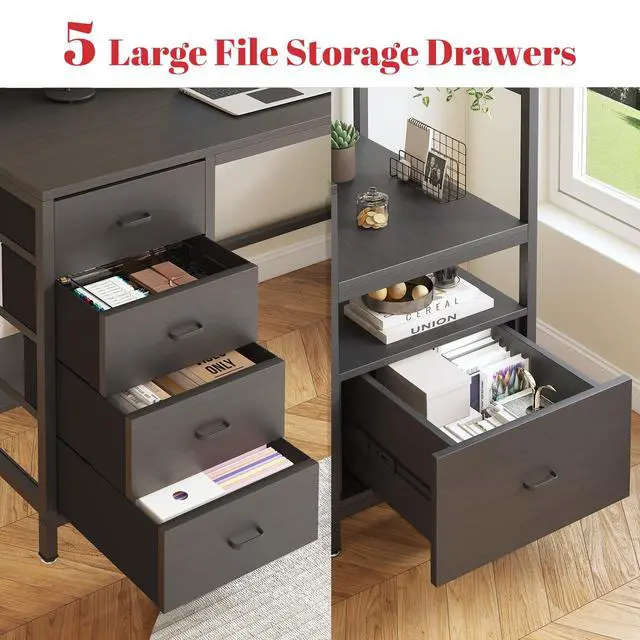 Alt view image 3 of 7 - Gaming Desk with Storage Drawers, Computer Desk with Shelves & Charging Station, Corner Writing Table with Pegboard for Small Space, Home Office Desk, Black