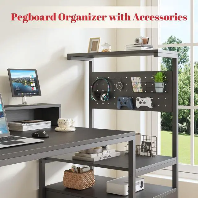 Alt view image 4 of 7 - Gaming Desk with Storage Drawers, Computer Desk with Shelves & Charging Station, Corner Writing Table with Pegboard for Small Space, Home Office Desk, Black
