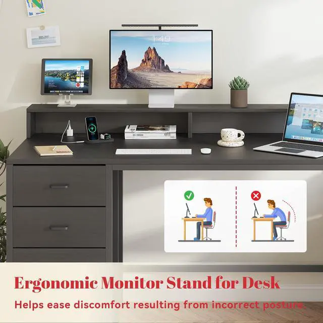 Alt view image 6 of 7 - Gaming Desk with Storage Drawers, Computer Desk with Shelves & Charging Station, Corner Writing Table with Pegboard for Small Space, Home Office Desk, Black