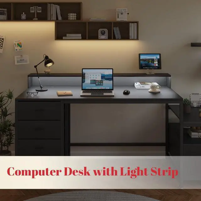 Alt view image 7 of 7 - Gaming Desk with Storage Drawers, Computer Desk with Shelves & Charging Station, Corner Writing Table with Pegboard for Small Space, Home Office Desk, Black