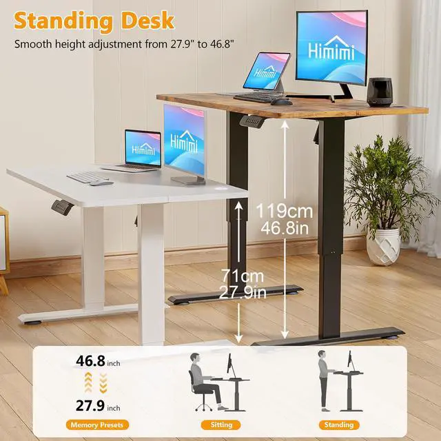 Alt view image 4 of 7 - Hmimi 48'' ×24'' Height Adjustable Electric Standing Desk | Lockable Wheels, 4 Memory Presets, 2 Cable Holes, 2 Hooks, Anti-Collision System, Alloy Steel Frame, Brown